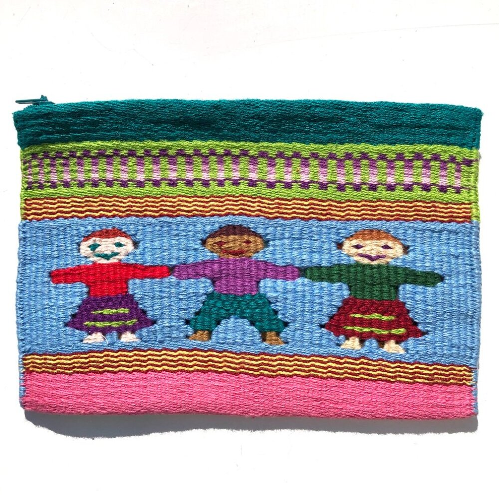 handmade woven zipper pouch Mayan colorful stripe children holding hands Peace